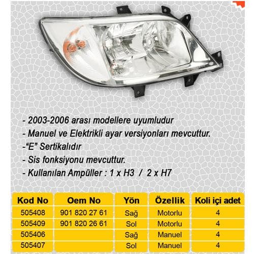 FAR SOL HALOJEN. MOTORLU MERCEDES SPRINTER B901>B904 00>06